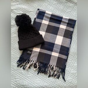 BUNDLE Beanie Pom Pom Cable Plush Buffalo Plaid Fringed Rectangle Scarf Black